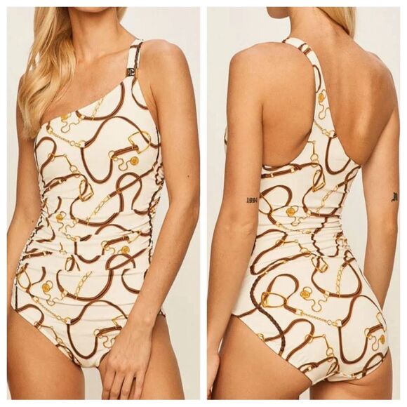 RALPH LAUREN Swimsuit Women 8 One Piece Bridle Print One Shoulder Logo Classic - Picture 1 of 12